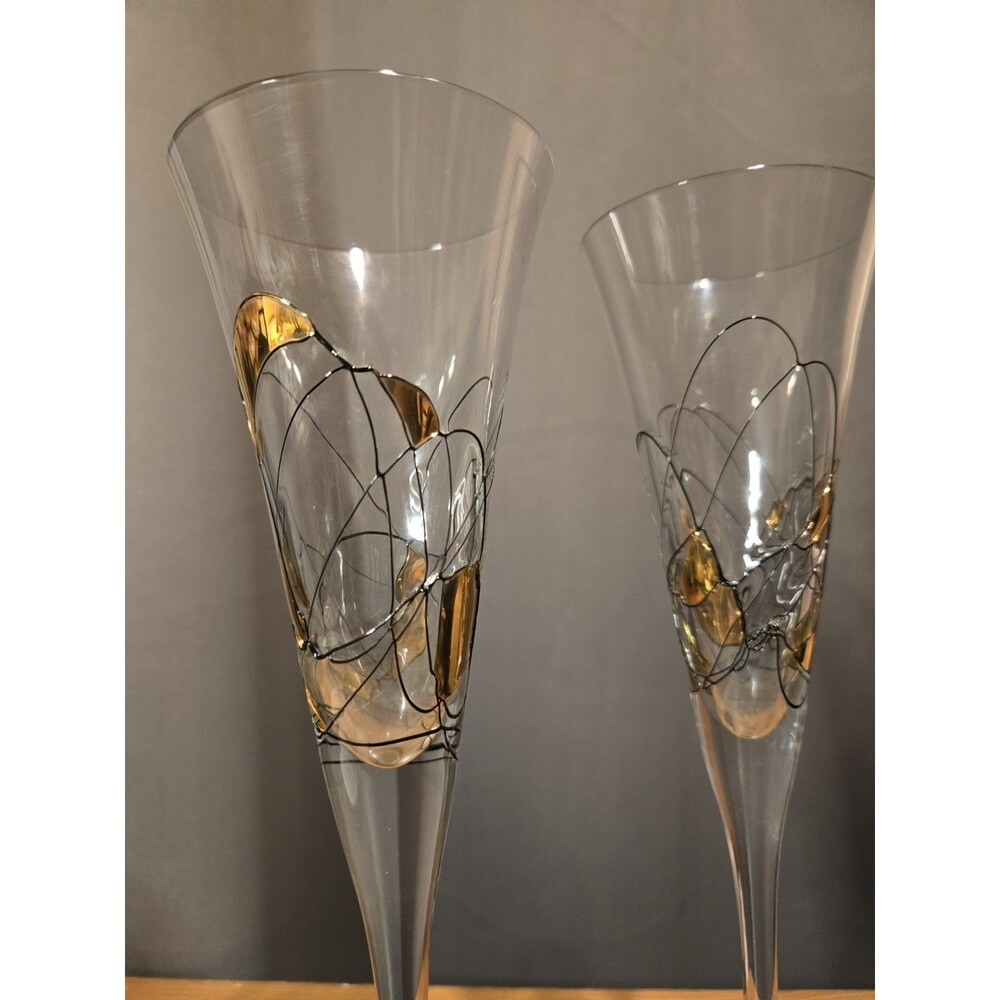 2 Romania Milano Crystal Gold & Black Champagne Flutes Wine Glasses, 11"